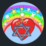 Adesivo Estrelas do Arco-íris e Judeus<br><div class="desc">Cores arco-íris e estrelas judias rodeiam o nosso coração amoroso na beleza da religião.</div>