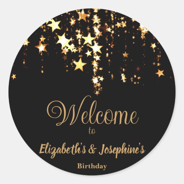 Adesivo Estrelas pretas elegantes e douradas, aniversário  (Frente)
