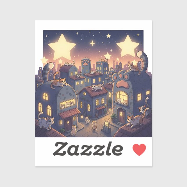 Adesivo Estrelas Sobre Cidade De Gato - Whimsical (Folha)