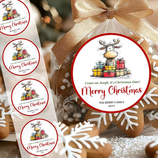 Adesivo etiqueta de Natal divertido com renas excê (Sweet quirky reindeer fun holiday sticker label)