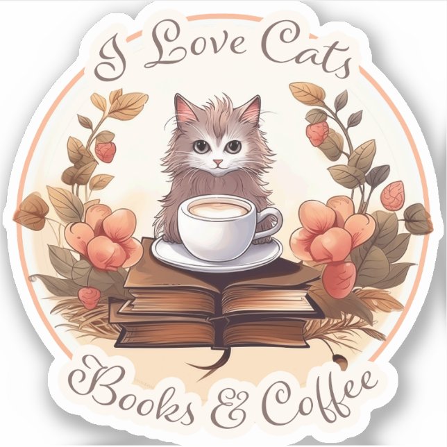 Adesivo Eu adoro gatos, livros e café (Frente)