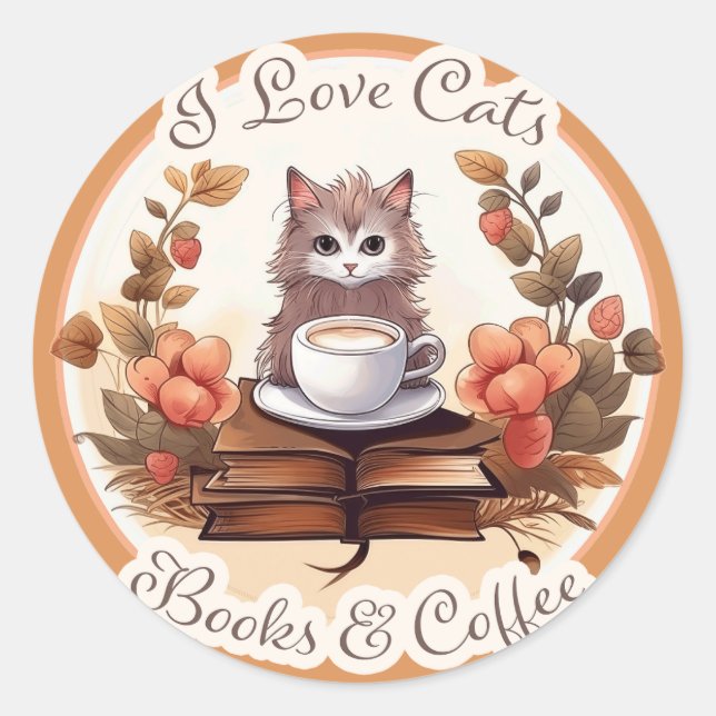 Adesivo Eu adoro gatos, livros e café (Frente)