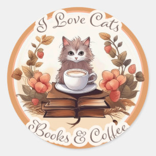 Adesivo Eu adoro gatos, livros e café