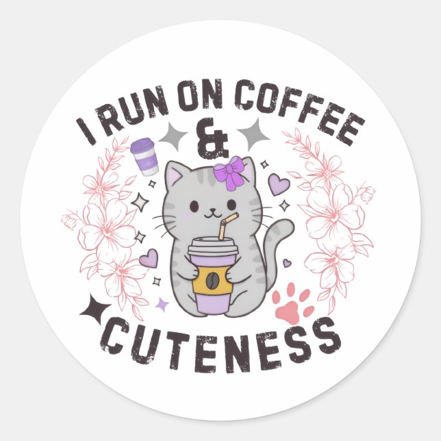 Adesivo Eu Funciono Com Café & Doçura Design de Gatinho Fo (Frente)