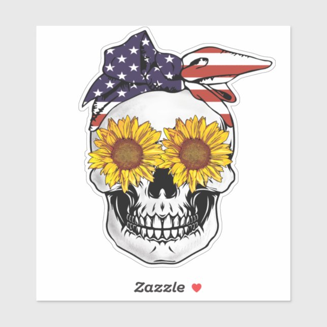 Adesivo EUA Flag Skull Sunflower Eyes Hair Bandana (Folha)