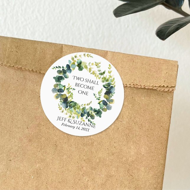 Adesivo Eucalyptus Floral Wreath Dois Torna-Se Um Casament (Eucalyptus Floral Wreath Two Become One Wedding Classic Round Sticker)