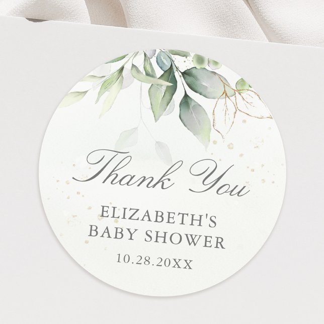 Adesivo Eucalyptus Greenerence Deixa Chá de fraldas Obriga (This watercolor eucalyptus sticker is a beautiful way to say thank you for your baby shower gifts.)