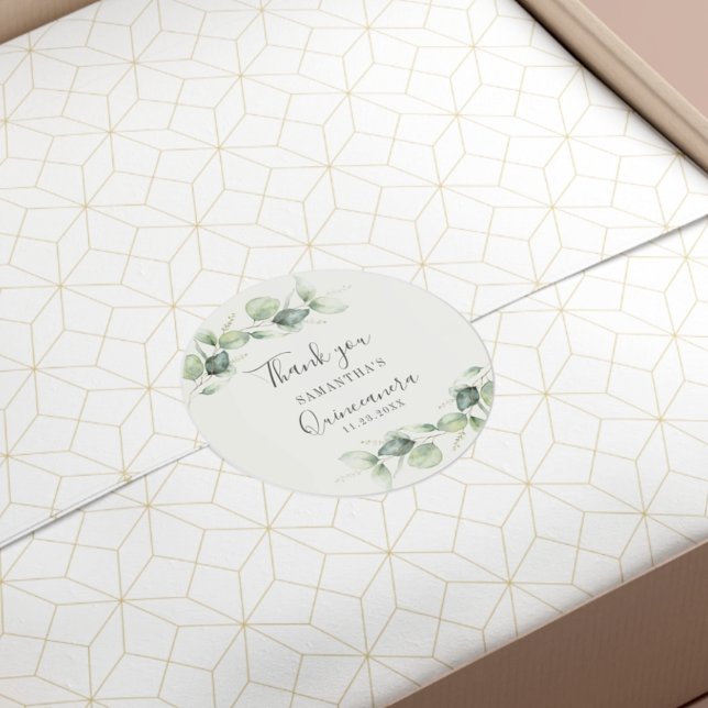 Adesivo Eucalyptus Quinceanera 15 Birthday Greenery (Watercolor Eucalyptus Greenery Quinceanera Classic Round Sticker)