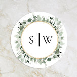 Adesivo Eucalyptus Sage Monograma de Casamento<br><div class="desc">Esse selo de monograma do casamento do eucalipto é um conjunto de sonhos que incorpora a essência do charme de safra e elegância moderna. Apresentando designs artesanais adornados com eucalipto verde, e rosa florais poeirentos acentuados com bordas geométricas de ouro e tipografia contra um fundo branco brilhante e sábio. Explore...</div>