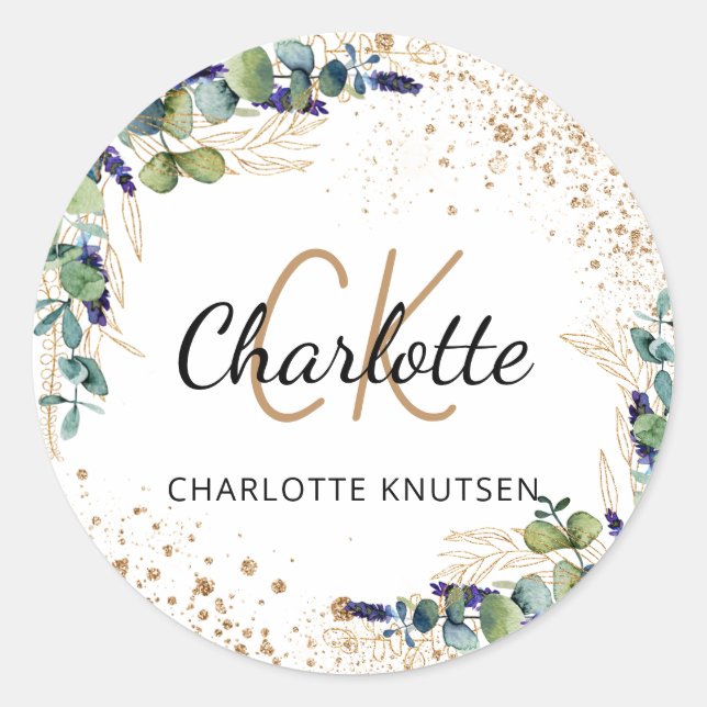 Adesivo Eucalyptus verde glitter monograma obrigado (Frente)