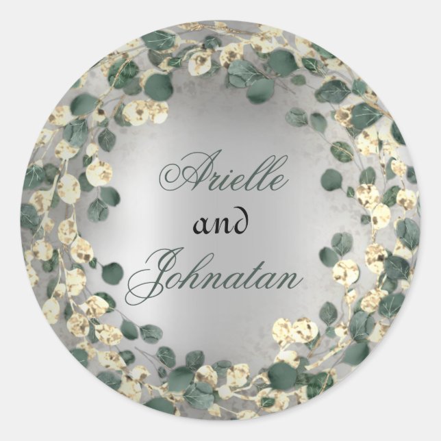Adesivo Eucalyptus Wreath Casamento Favor Dourado Verde (Frente)