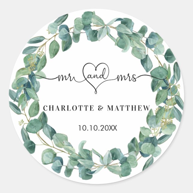 Adesivo Eucalyptus wreath de casamento nomes de mrs (Frente)
