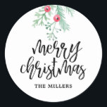 Adesivo Evergreen Christmas Holiday - Stickers Personaliza<br><div class="desc">Na moda com varetas de amora aquosa e folhagem e diz "Feliz Natal" em uma fonte moderna de escrita de pincel na moda.</div>