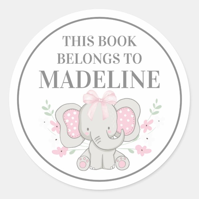 Adesivo Ex-libris de Elefante Cinza Rosa com Bolinhas Fofo (Frente)