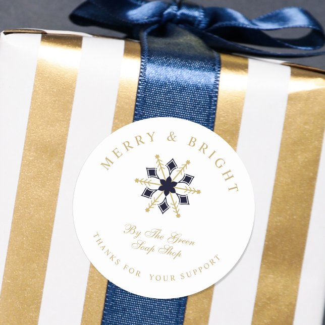 Adesivo Exquisite Christmas Navy & Gold Snowflake Thanks (Exquisite Christmas Navy & Gold Snowflake Thanks Classic Round Sticker.)