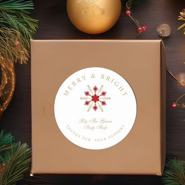 Adesivo Exquisite Christmas Red & Gold Snowflake Thanks  (Exquisite Christmas Red & Fake Gold Snowflake Thanks for Business Classic Round Stickers. )