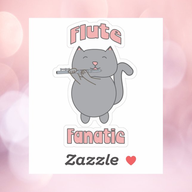 Adesivo Fã de Flauta Rosa Cinza Gato (A sticker featuring a gray cat playing the flute and the words flute fanatic.)