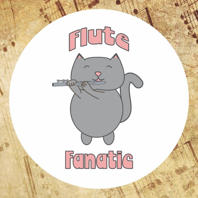 Adesivo Fã de Flauta Rosa Gato Cinza (A sticker featuring a gray cat playing the flute & the words flute fanatic in pink.)