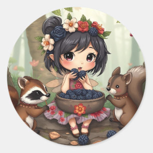 Adesivo Fada Chibi Comendo Amoras com Amigos da Floresta