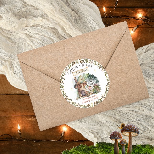 Adesivo Fada De Madeira Animais De Cogumelos Endereço De R (Fairy First Woodland Animals Mushrooms Girl's 1st Birthday Party Round Return Address Envelope Seal.)