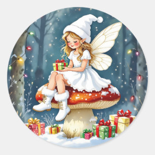 Adesivo Fada de Natal Adorável em um Cogumelo