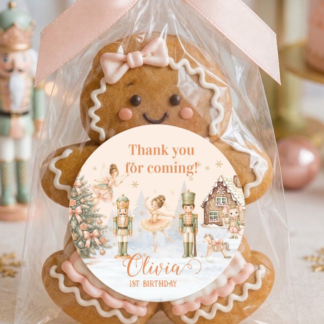 Adesivo Fada do Açúcar do Quebra-Nozes Obrigada Primeiro A (Nutcracker Sugar Plum 1st Birthday Personalized Classic Round Sticker)