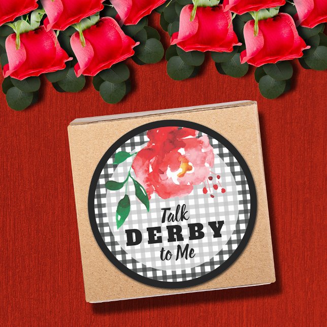 Adesivo Fale Derby para Mim Rosa em Gingham (Talk Derby to Me red rose on black and white gingham round stickers)