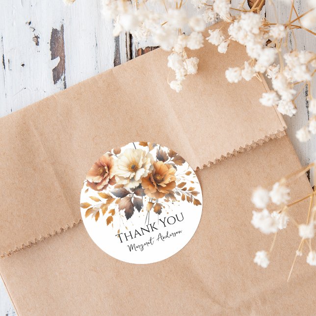 Adesivo Fall Brown Floral Elegante Personalizado Obrigado (Personalized Fall Brown Floral Elegant Thank You Sticker for Birthday Party or other occasions.)
