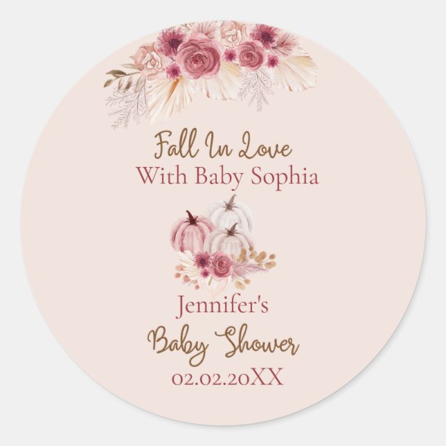 Adesivo Fall In Love Boho Pink Pumpkin Baby Shower (Frente)