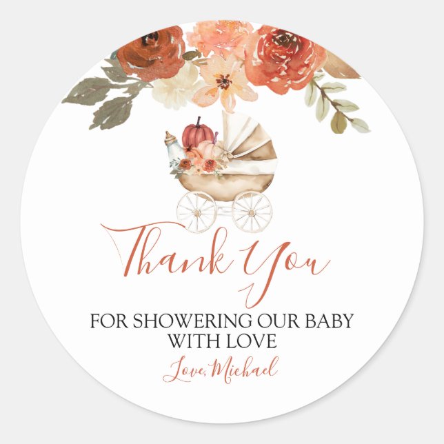 Adesivo Fall Pumpkin Stroller Floral Baby Shower Thank You (Frente)