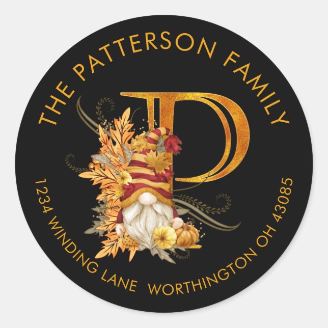 Adesivo Fall Season Gnome Monogram Letter P Address Label (Frente)