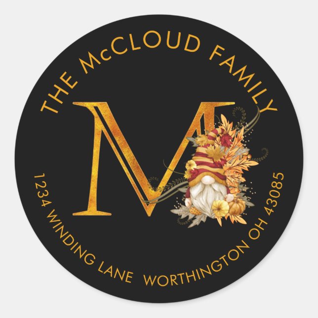 Adesivo Fall Season Gnomo Monograma Letra M Rótulo de Ende (Frente)