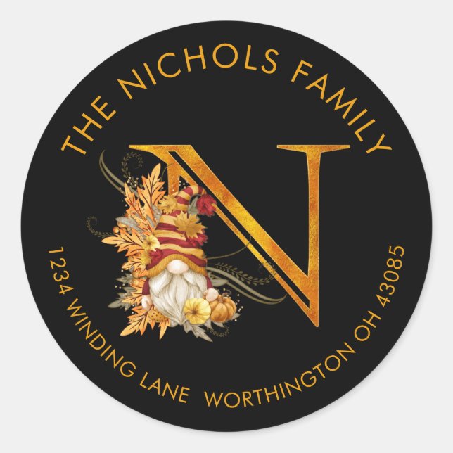 Adesivo Fall Season Gnomo Monograma Letra N Rótulo de Ende (Frente)