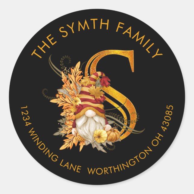 Adesivo Fall Season Gnomo Monograma Letra S Rótulo de Ende (Frente)