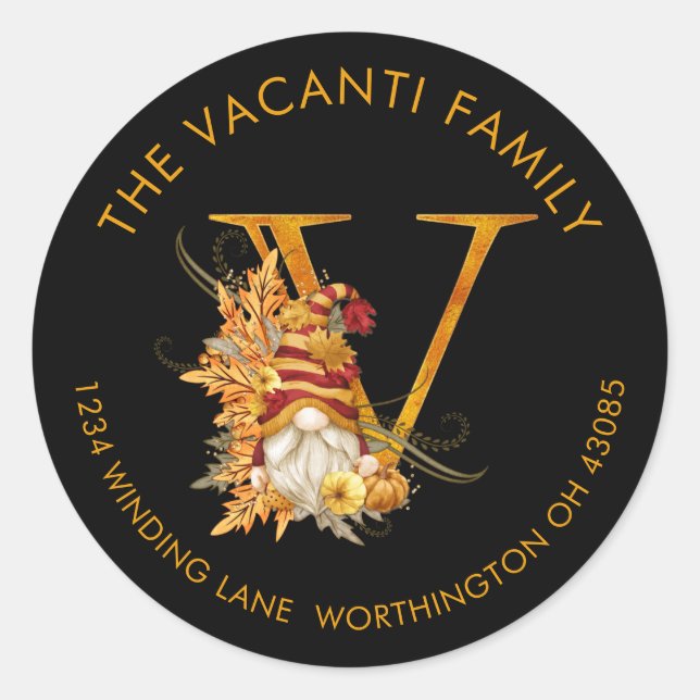 Adesivo Fall Season Gnomo Monograma Letra V Rótulo de Ende (Frente)