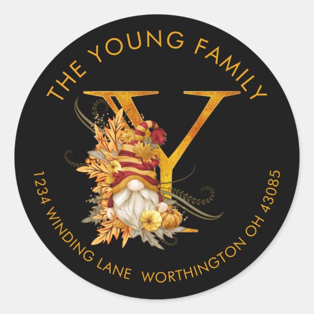 Adesivo Fall Season Gnomo Monograma Letra Y Rótulo de Ende (Frente)