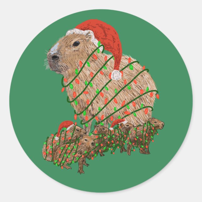 Adesivo Família Capybara de Natal Envolvida em Luzes (Frente)