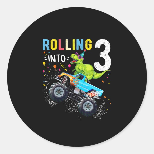 Adesivo Família de Caminhões Monstros Dinossauros, 3 anos (Frente)