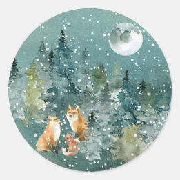 Adesivo Família de Raposas na Floresta Neve sob Lua Cheia