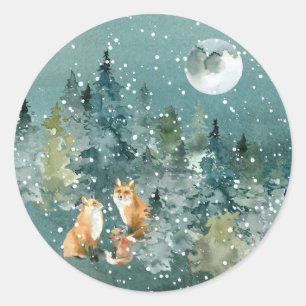 Adesivo Família de Raposas na Floresta Neve sob Lua Cheia