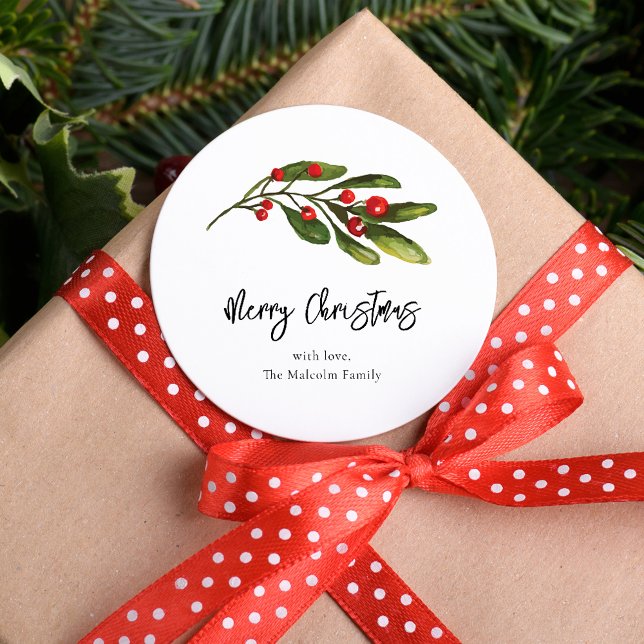 Adesivo Família de Script Red Berries Natal Elegante (Christmas Red Berries Greenery Circle Sticker)