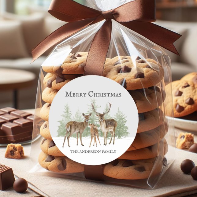 Adesivo Família Deer Winter Snow Feliz Natal (Deer in winter snow Christmas gift bag/envelope seal sticker)