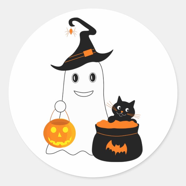 Adesivo Fantasma bonito com gato preto celebra o halloween (Frente)