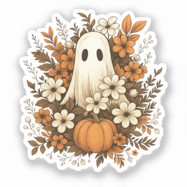 Adesivo Fantasma Bonito Com Pumpkin E Flores De Queda - Ha (Frente)