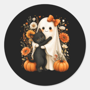 Adesivo Fantasma de Halloween Abraçando Gato Preto Floral