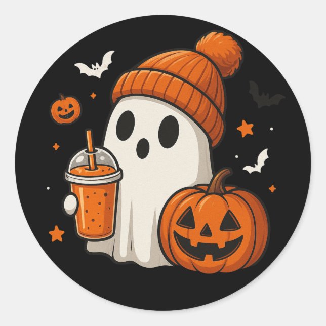 Adesivo Fantasma de Halloween Fofo com Abóbora e Bebida  (Frente)