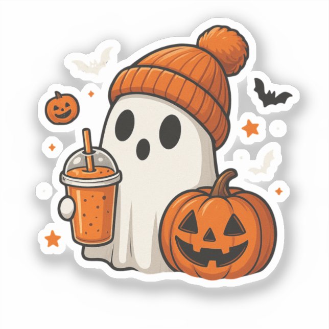 Adesivo Fantasma de Halloween Fofo com Abóbora e Bebida  (Frente)