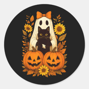Adesivo Fantasma de Halloween Fofo Vintage Segurando Gato