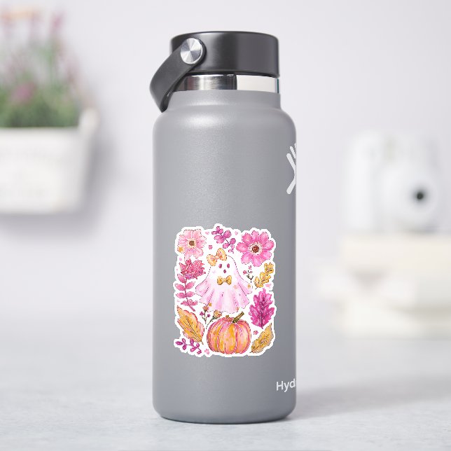 Adesivo Fantasma de Halloween Rosa Pastel com Flores e Abó (HidroFlask)
