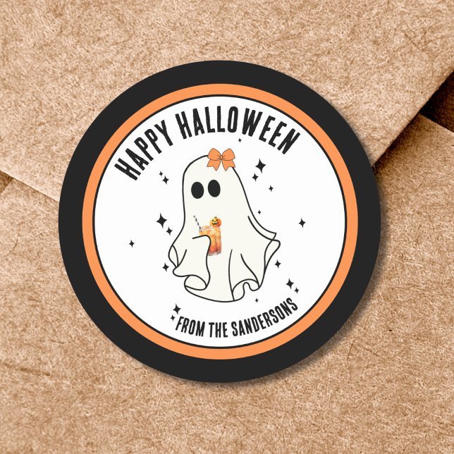 Adesivo Fantasma Feliz Dia das Bruxas (Cute Ghost Happy Halloween Classic Round Sticker)